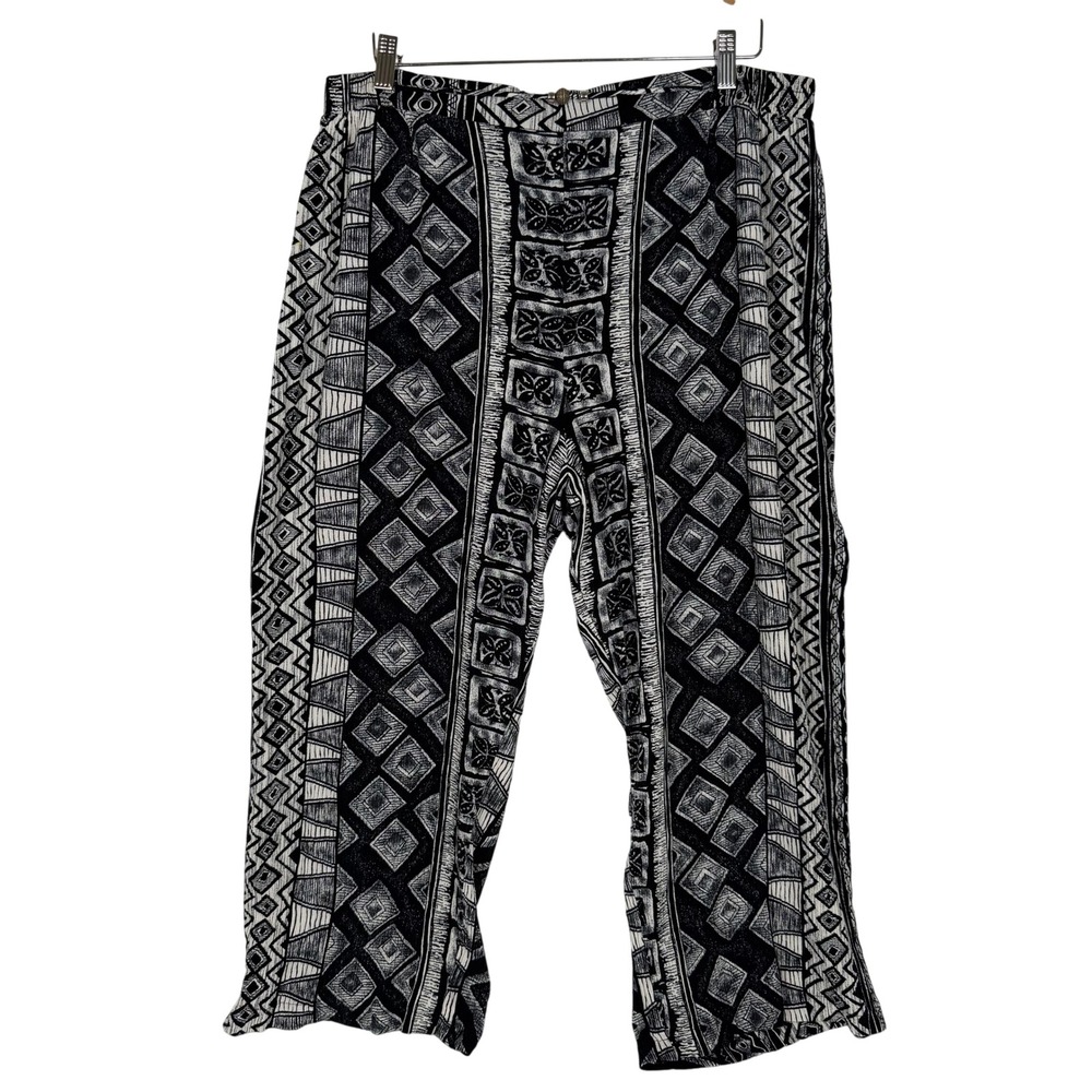 Karibo Cropped Pants‎ Women XXL Black White Geometric Tribal Print Wide Leg Bead